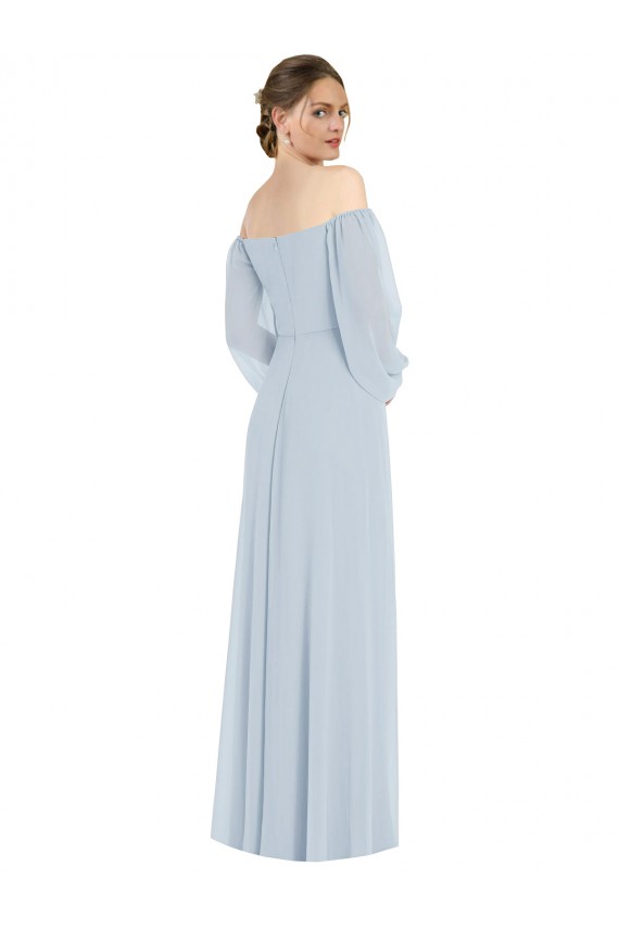 Affordable Soft Chiffon Sea Glass A-Line Off the Shoulder Long Puff Sleeves Evening Dress UK