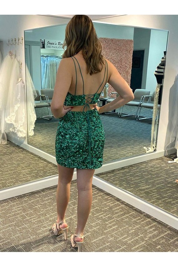 Affordable Velvet Sequin Shamrock Green Sheath V-Neck Short Homecoming Dress UK