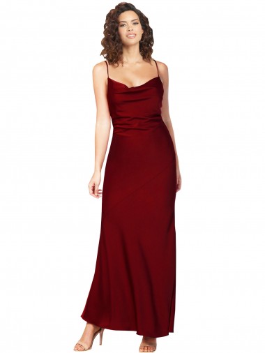 Affordable Silky Satin Burgundy Sheath Cowl Neck Long Sleeveless Evening Dress UK