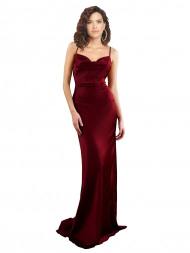 Affordable Silky Satin Burgundy Sheath Cowl Neck Long Evening Dress UK