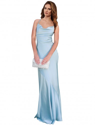 Affordable Silky Satin Light Sky Blue Sheath Cowl Neck Long Evening Dress UK