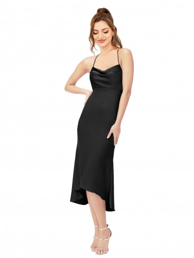 Affordable Silky Satin Black Sheath Cowl Neck Midi Length Sexy Evening Dress UK