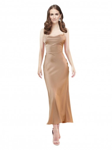 Affordable Silky Satin Rose Gold Sheath Cowl Neck Midi Length Evening Dress UK