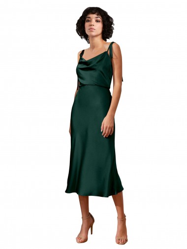 Affordable Stretch Satin Hunter Sheath Cowl Neck Midi Length Evening Dress UK