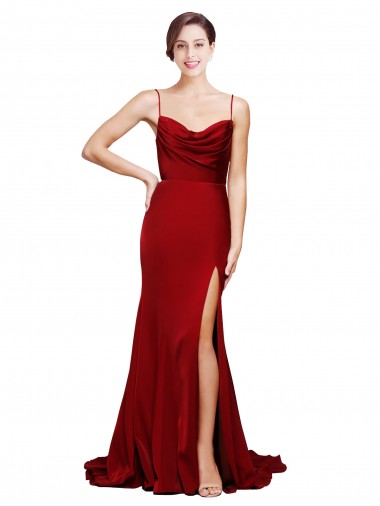 Affordable Stretch Satin Burgundy Sheath Spaghetti Straps Sweep Train Evening Dress UK