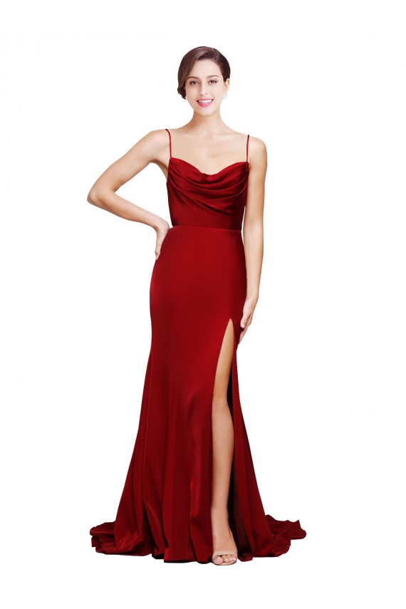 Affordable Stretch Satin Burgundy Sheath Spaghetti Straps Sweep Train Evening Dress UK