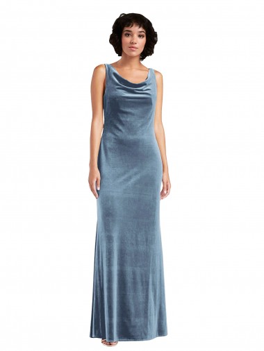 Affordable Stretch Velvet Dusty Blue Sheath Cowl Neck Long Maxi Evening Dress UK