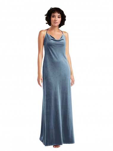 Affordable Stretch Velvet Dusty Blue Sheath Cowl Neck Long Maxi Wedding Party Dress UK