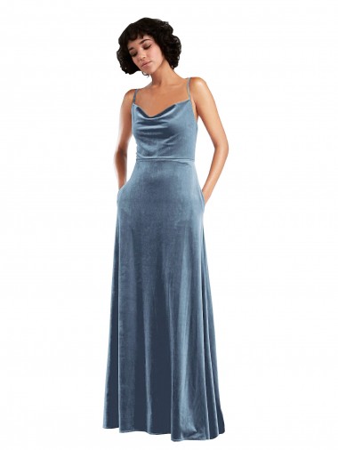 Affordable Stretch Velvet Dusty Blue Sheath Cowl Neck Long Sleeveless Maxi Evening Dress UK