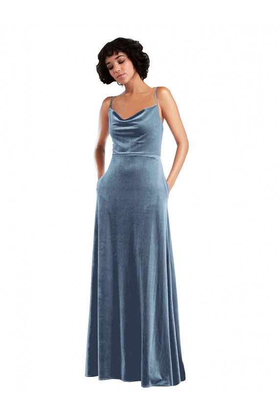 Affordable Stretch Velvet Dusty Blue Sheath Cowl Neck Long Sleeveless Maxi Evening Dress UK