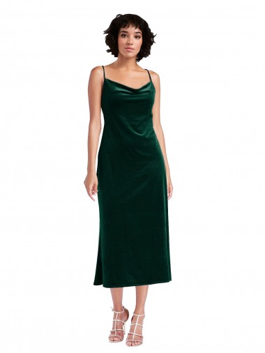 Affordable Stretch Velvet Dark Green Sheath Cowl Neck Midi Length Maxi Evening Dress UK