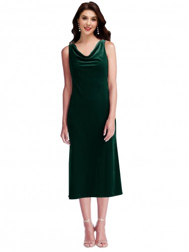 Affordable Stretch Velvet Dark Green Sheath Cowl Neck Midi Length Sleeveless Maxi Evening Dress UK