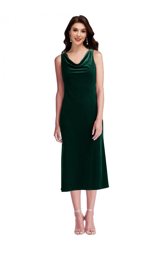 Affordable Stretch Velvet Dark Green Sheath Cowl Neck Midi Length Sleeveless Maxi Evening Dress UK