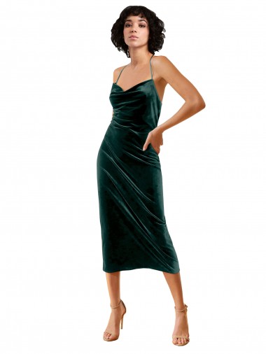 Affordable Stretch Velvet Dark Green Sheath Spaghetti Straps Midi Length Evening Dress UK