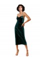 Affordable Stretch Velvet Dark Green Sheath Spaghetti Straps Midi Length Evening Dress UK