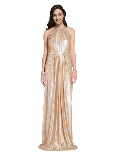 Affordable Sequin Gold Sheath Halter Neck Long Evening Dress UK