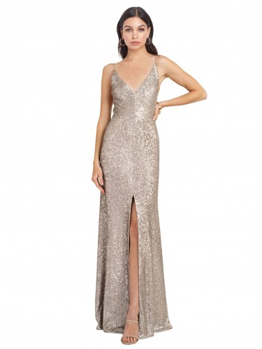 Affordable Sparkling Sequin Silver Sheath V-Neck Long Sexy Evening Dress UK