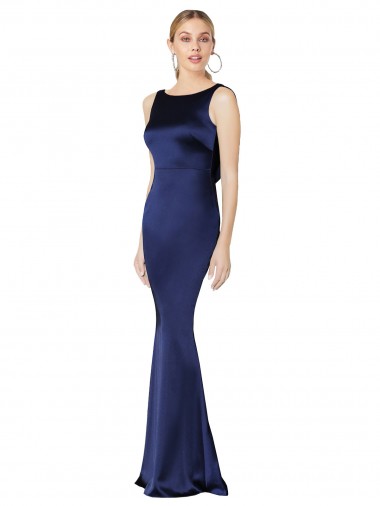 Affordable Stretch Satin Dark Navy Sheath Halter Neck Long Evening Dress UK