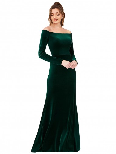 Affordable Stretch Velvet Dark Green Sheath Off the Shoulder Long Long Sleeves Evening Dress UK