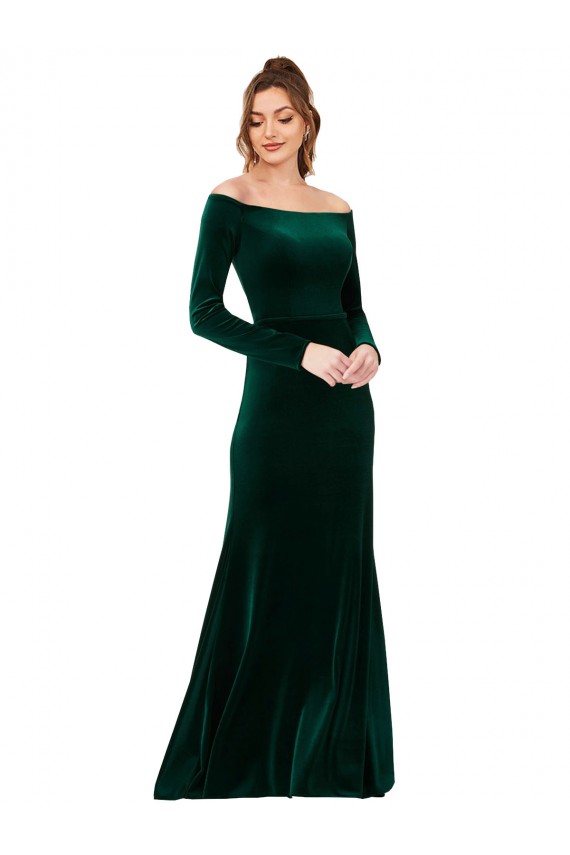 Affordable Stretch Velvet Dark Green Sheath Off the Shoulder Long Long Sleeves Evening Dress UK