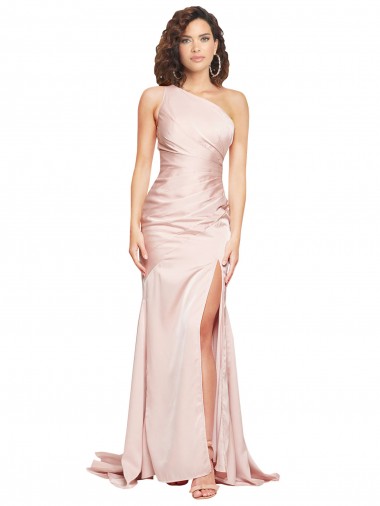 Affordable Silky Satin Pink Sheath One Shoulder Long Sexy Evening Dress UK