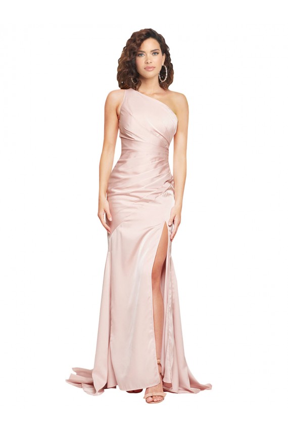 Affordable Silky Satin Pink Sheath One Shoulder Long Sexy Evening Dress UK