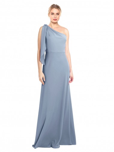 Affordable Stretch Crepe Smoke Blue Sheath One Shoulder Long Flutter Sleeves Evening Dress UK