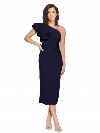 Affordable Stretch Crepe Dark Navy Sheath One Shoulder Midi Length Wedding Party Dress UK