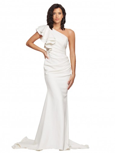 Affordable Stretch Crepe Ivory Sheath One Shoulder Sweep Train Semi Formal Evening Dress UK