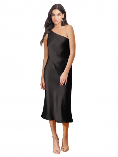 Affordable Stretch Satin Black Sheath One Shoulder Midi Length Evening Dress UK