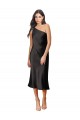 Affordable Stretch Satin Black Sheath One Shoulder Midi Length Evening Dress UK