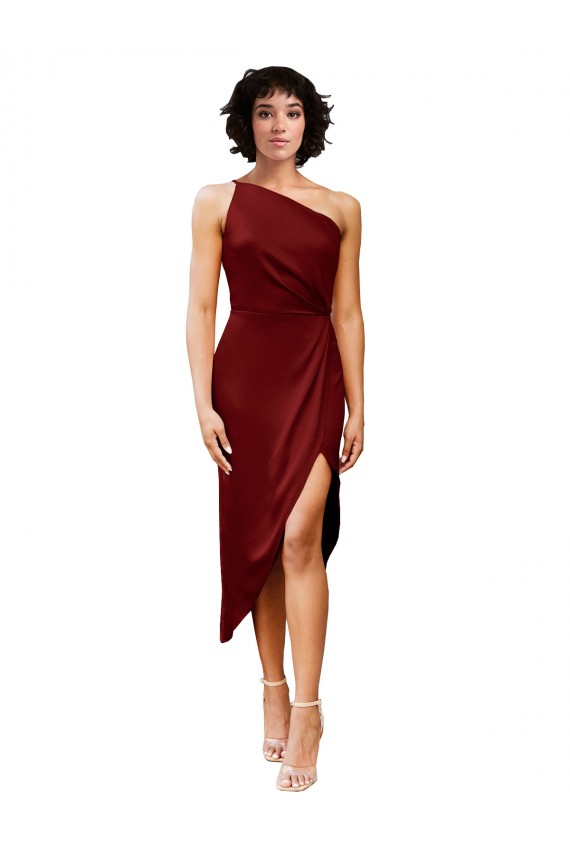 Affordable Stretch Satin Burgundy Sheath One Shoulder Midi Length Evening Dress UK