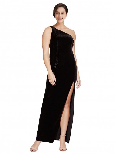 Affordable Stretch Velvet Black Sheath One Shoulder Long Evening Dress UK