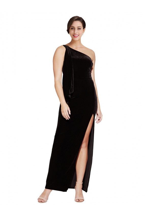 Affordable Stretch Velvet Black Sheath One Shoulder Long Evening Dress UK