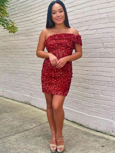 Affordable Velvet Sequin Burgundy Sheath One Shoulder Short Homecoming Dress UK