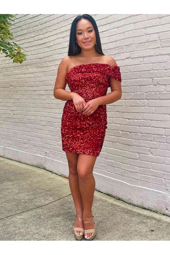 Affordable Velvet Sequin Burgundy Sheath One Shoulder Short Homecoming Dress UK