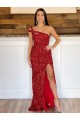 Affordable Velvet Sequin Burgundy Sheath One Shoulder Sweep Train Evening Dress UK