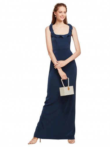 Affordable Stretch Crepe Dark Navy Sheath Scoop Neck Long Evening Dress UK