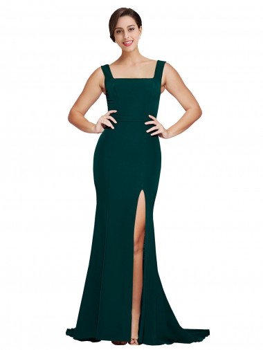 Affordable Stretch Crepe Midnight Green Sheath Square Neck Sweep Train Semi Formal Evening Dress UK