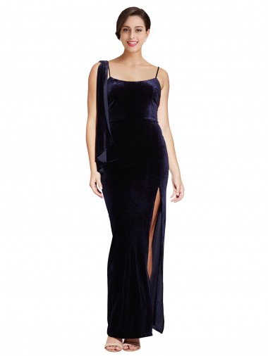 Affordable Stretch Velvet Dark Navy Sheath Spaghetti Straps Long Evening Dress UK