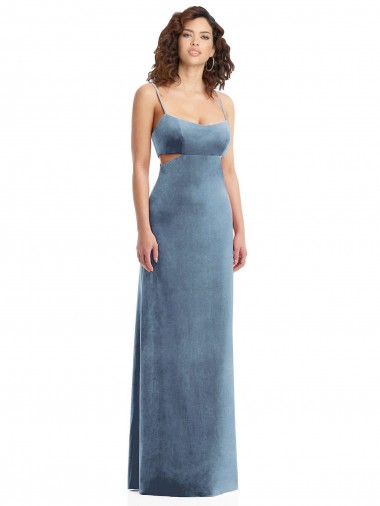 Affordable Stretch Velvet Dusty Blue Sheath Square Neck Long Maxi Evening Dress UK