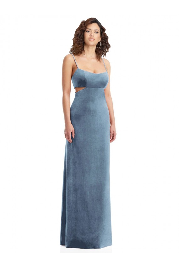 Affordable Stretch Velvet Dusty Blue Sheath Square Neck Long Maxi Evening Dress UK