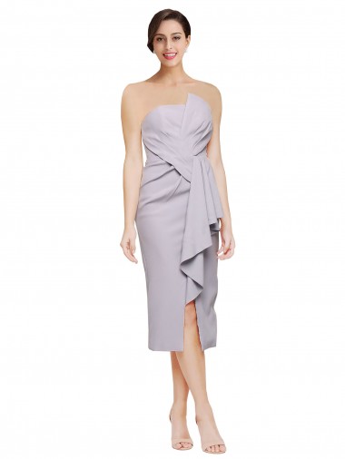 Affordable Stretch Crepe Arctic Lilac Sheath Strapless Cocktail Length Evening Dress UK