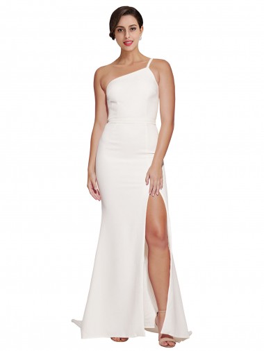 Affordable Stretch Crepe Ivory Sheath One Shoulder Sweep Train Semi Formal Bridal Party Dress UK