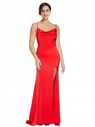 Affordable Stretch Satin Red Sheath Cowl Neck Long Evening Dress UK