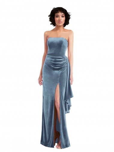 Affordable Stretch Velvet Dusty Blue Sheath Strapless Long Maxi Wedding Party Dress UK