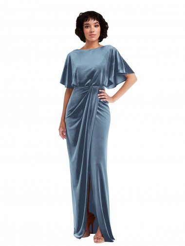 Affordable Stretch Velvet Dusty Blue Sheath Long Maxi Evening Dress UK