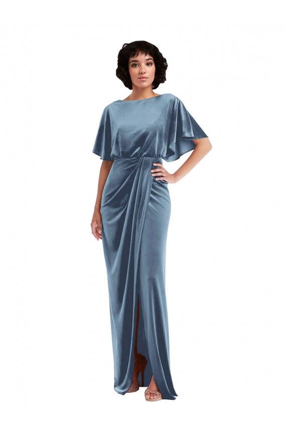 Affordable Stretch Velvet Dusty Blue Sheath Long Maxi Evening Dress UK