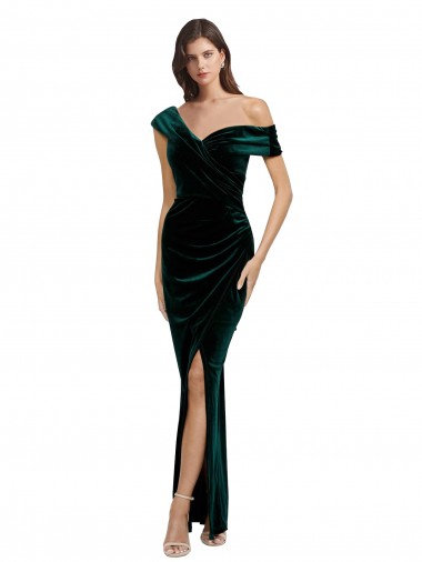 Affordable Stretch Velvet Dark Green Sheath Off the Shoulder Long Evening Dress UK