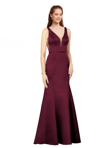 Affordable Satin Burgundy Sheath V-Neck Long Evening Dress UK